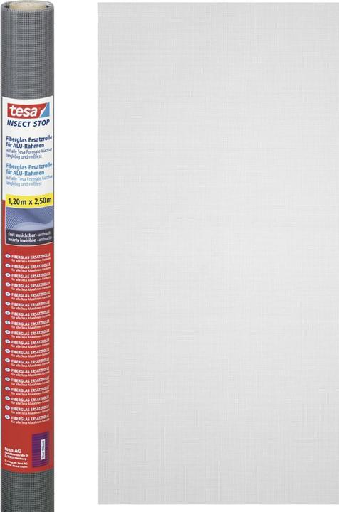 Produktbild tesa Insektenschutz Alu COMFORT Ersatzrolle aus Fiberglas-Gewebe, für Fenster & Türen, ohne Bohren (120 x 250 cm)