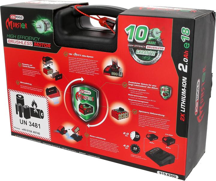 Productafbeelding KS Tools eMONSTER borstelloze accu klopboormachine en schroevendraaierset, 4-delig | 18 volt, 2 accu's en (Oplaadbare batterij)