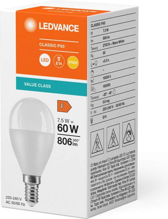 Produktbild Ledvance LED-Tropfenlampe (E14, 7.50 W, 806 lm, 1 x, F)