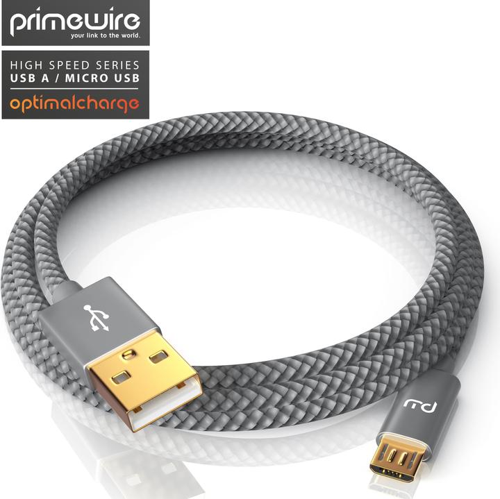 Produktbild Primewire Micro USB Kabel - 2,4A MicroUSB Schnellladekabel, Nylon, Metallstecker, Datenkabel Ladekabel (1 m, USB 2.0)