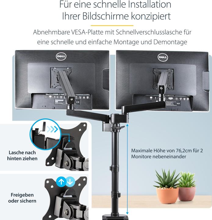 Productafbeelding StarTech com ARMDUALPIVOT, klem, 16 kg, 81,3 cm (32 inch), 100 x 100 mm, hoogteverstelling, Zwart (Tabel, 32")