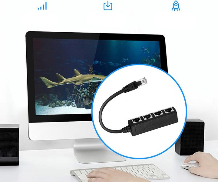 Produktbild Apfelkiste 4-fach Ethernet LAN RJ45 Netzwerk Adapter Splitter Cat7 / Cat6 / Cat5 - Schwarz