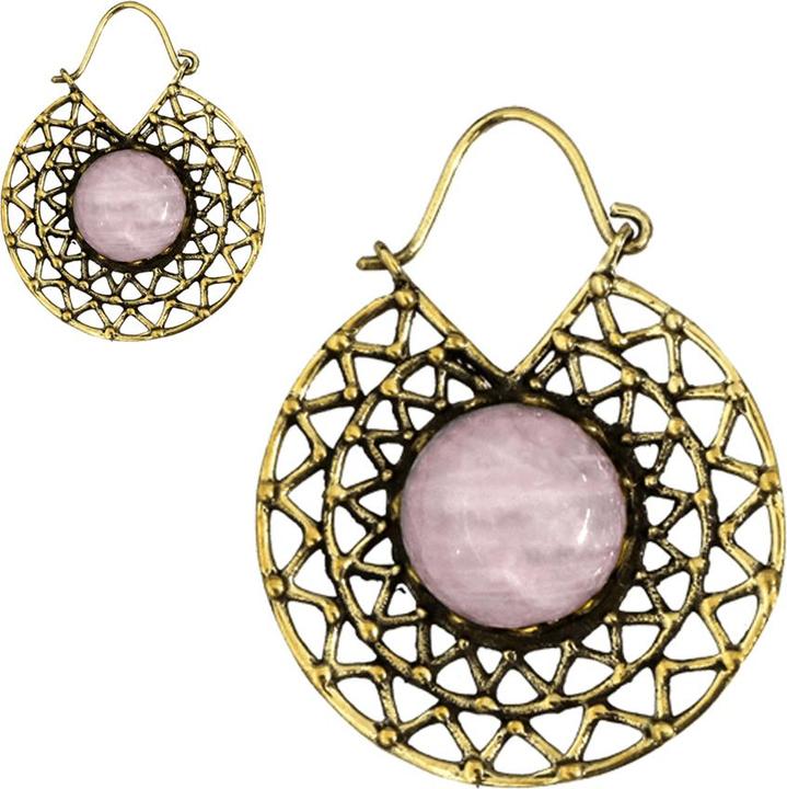Star Piercing Ohrring vergoldet zwei dreieckslinien mit Rosenquarz Stein (Messing, Mineralisch)