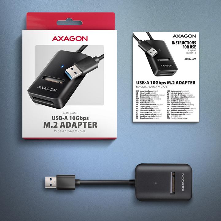 Produktbild Axagon Other Computer Accessory ADM2-AM USB-A 10Gbps - M.2 NVMe&SATA SSD adapter, 10cm USB-A (M.2)