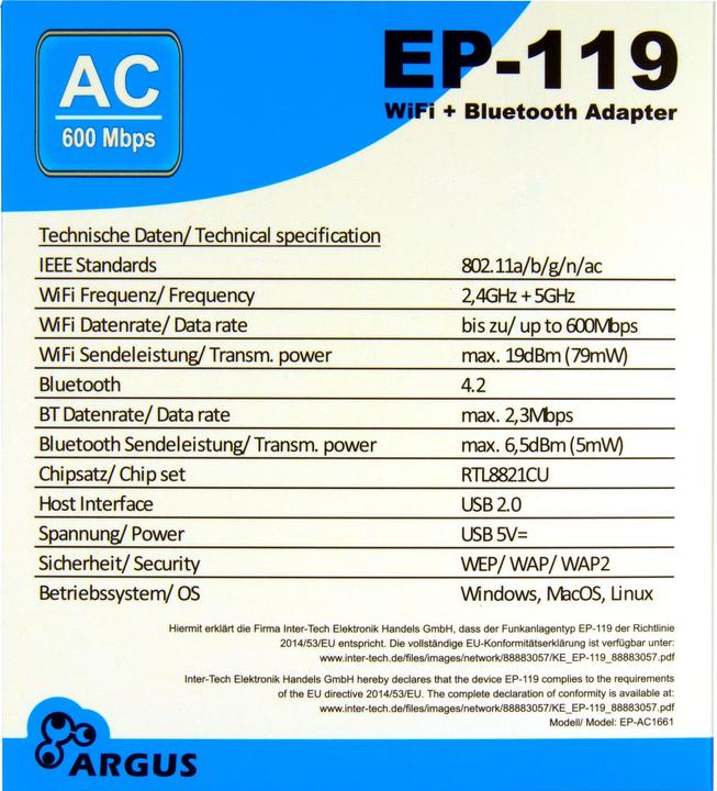 Nutritional values and ingredients Intertech Inter-Tech Wi-Fi 5 USB Adapter Argus EP-119, Bluetooth 4.2 (USB 2.0)