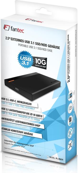 Actual product image Fantec PL-25U31 6.35cm 2.5inch SATA SSD hard drive enclosure USB-C USB 3.1 10G technology (2.5")