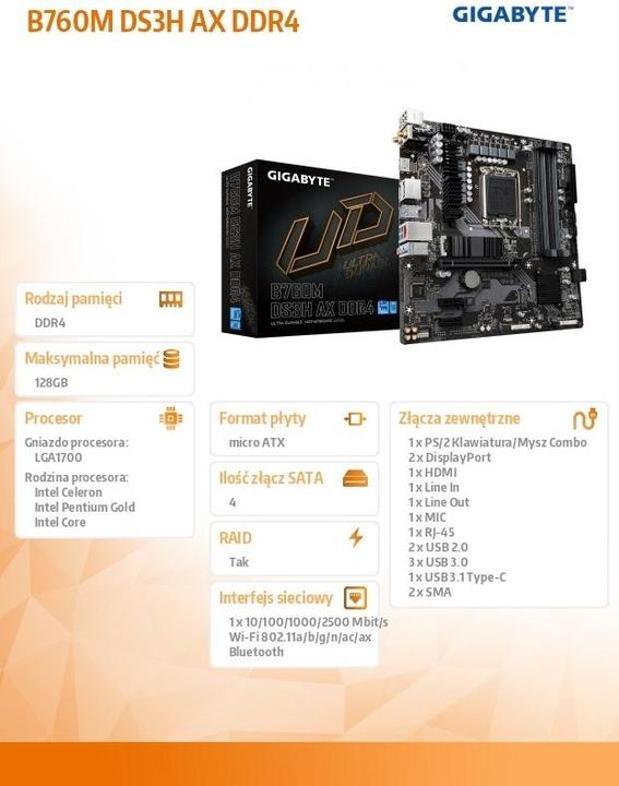 Produktbild Gigabyte B760M DS3H AX DDR4 (LGA 1700, Intel B760 Express, mATX)