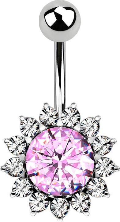 Star Piercing Banane silber mit Kugel grosser runder Kristall pink umrandet (Messing, Chirurgenstahl 316L)