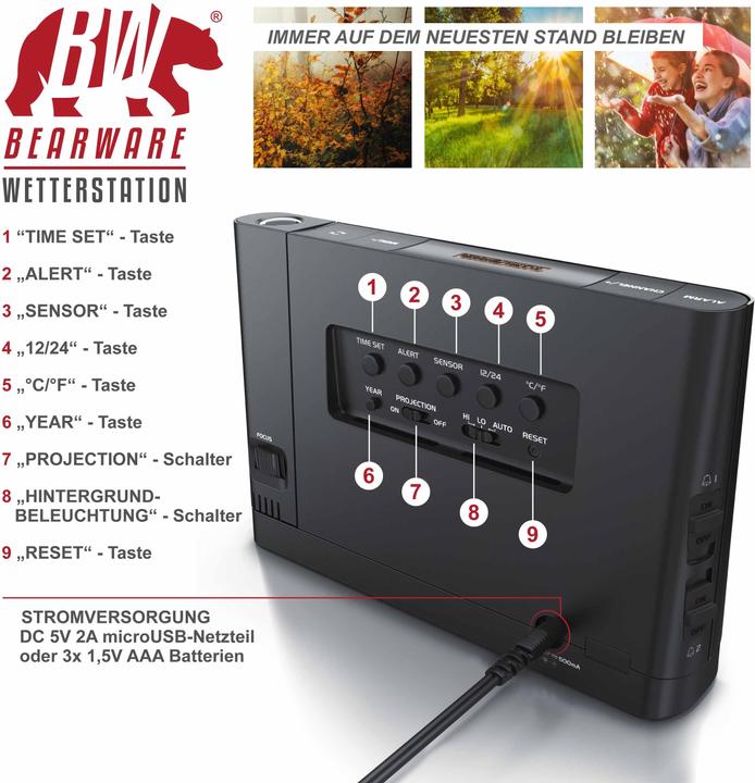Produktbild Bearware Wetterstation mit Aussensensor, Funkwetterstation mit Projektion (um 180° drehbar) & Farbdisplay