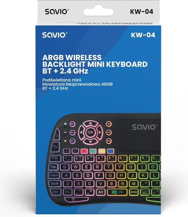 Produktbild Savio KW-04 Hintergrundbeleuchtete kabellose Tastatur RGB BT + 2 4 GHz TV-Box Smart TV Konsolen (US, Kabellos)