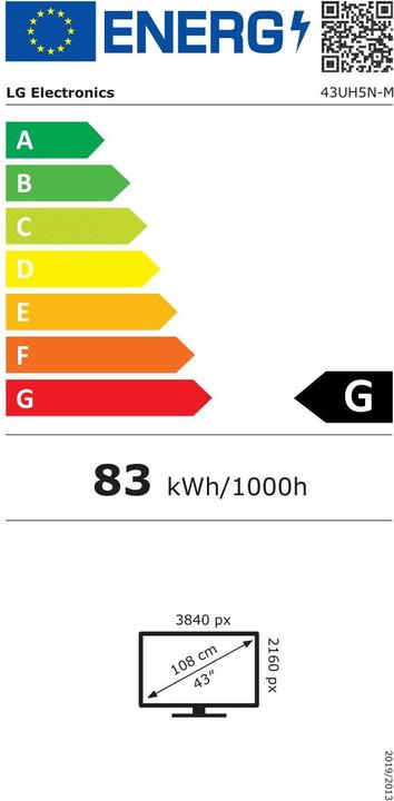 Energy Label LG 43UH5N-M Signage Display 43inch IPS UHD 500cd/m2 1,000:1 WebOS speaker (3840 x 2160 Pixels, 43")