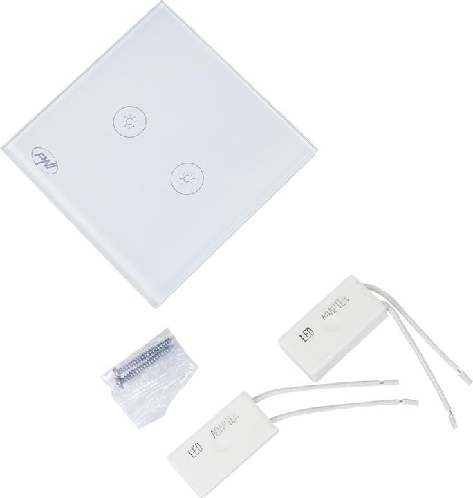 Produktbild PNI Doppelschalter mit Touch und Dimmer SafeHome DIM202, 2X700W, Live Wire, ohne Null, Glas