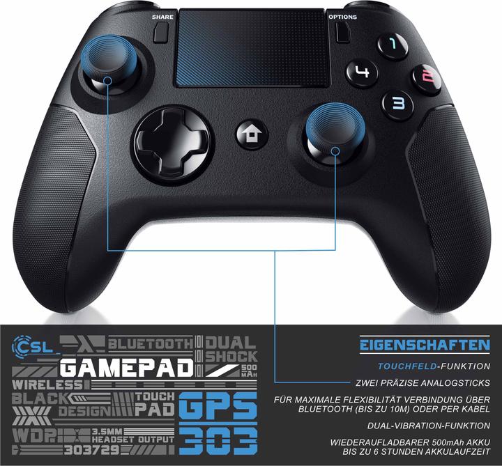 Image du produit CSL Contrôleur PlayStation 4, manette de jeu Bluetooth pour PS4, double vibration, pavé tactile, 3,5 (PS4, PC)