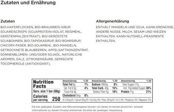 Nährwerte und Zutaten Clif Bar Energy Riegel (Beere, Blueberry, 12 Stk., 816 g)