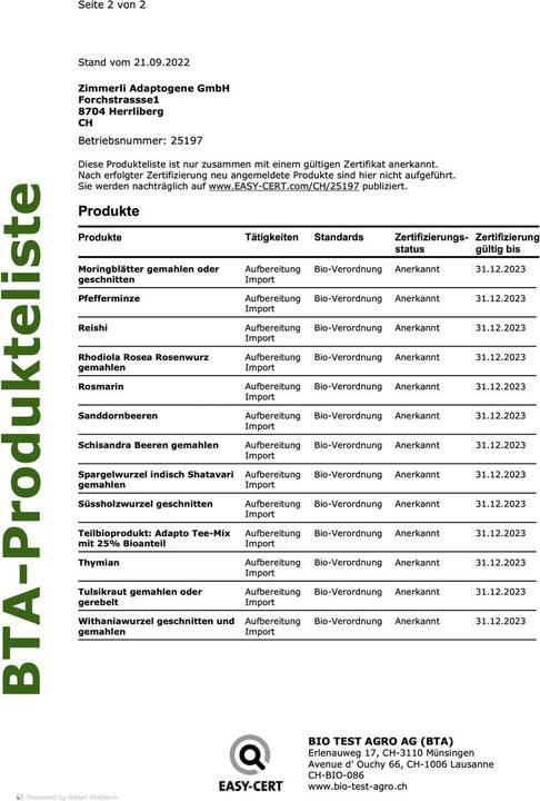 Valeurs nutritives et ingrédients Zimmerli Adaptogene Thé Tulsi (BIO) (100 g)