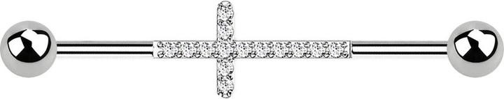 Star Piercing Barbell silber mit zwei Kugeln Kreuz mit Kristallen silber (ohne Messing, Titan G23)