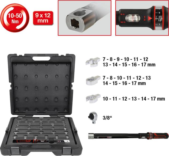 Produktbild KS Tools Drehmoment-Werkzeug-Satz, Aufnahme 9x12 mm, 29 Teile, 10-50 Nm (3/8", 10 Nm, 50 Nm)