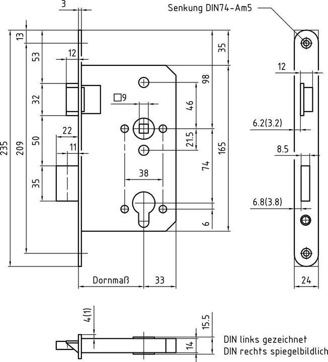 Produktbild BMH Einstemmschloss 1000 KABA Rundzylinder mit Wechsel, links, Edelstahl (Einsteckschloss)