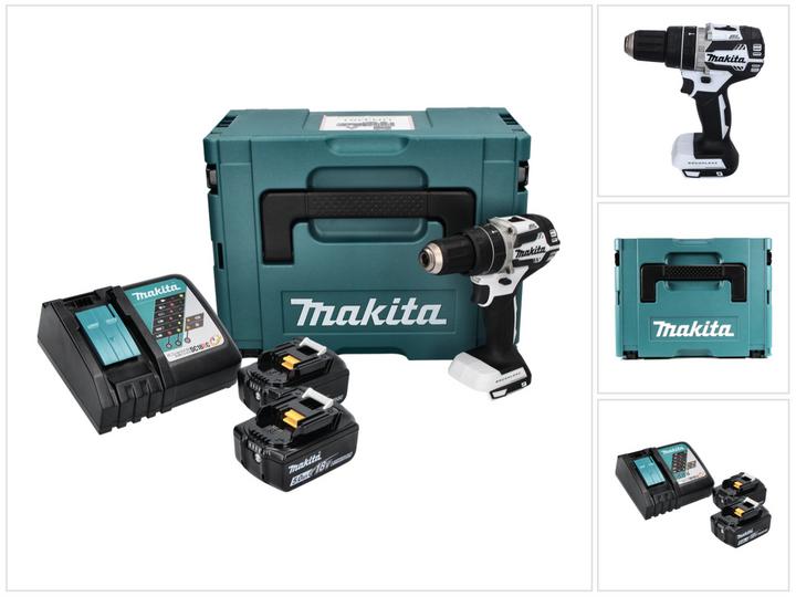 Produktbild Makita DHP 484 RTJ W Akku Schlagbohrschrauber 18 V 54 Nm Brushless Weiss + 2x Akku 5,0 Ah + Ladegerät (Akkubetrieb)