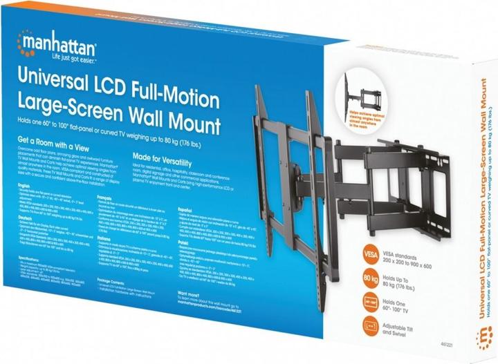 Produktbild Manhattan TV & Monitor Mount, Wall, Full Motion, 1 screen, Screen Sizes: 60-100", Black, V (Wand, 100", 80 kg)