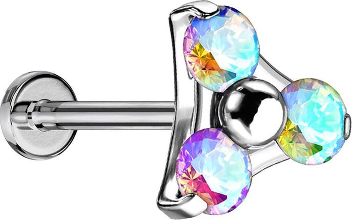 Star Piercing Micro Threadless Labret silber Dreieck drei Kristalle multicolor (Titan G23, ohne Messing)