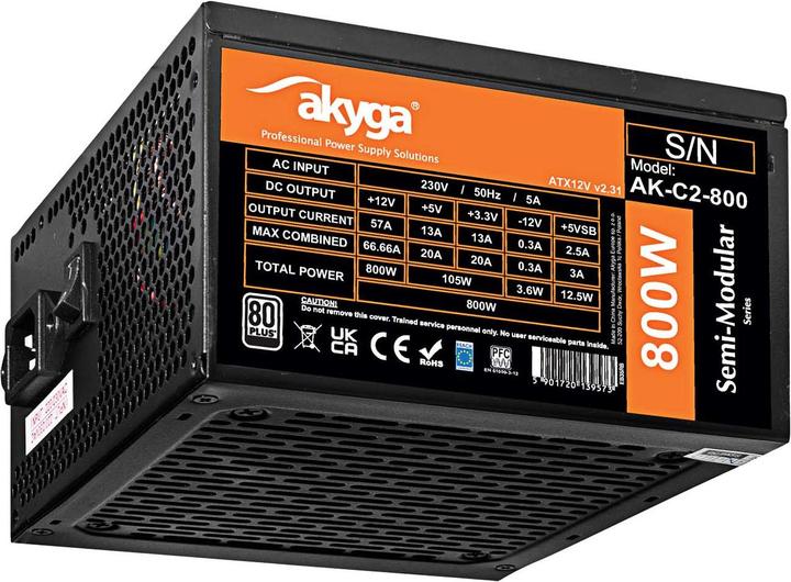 Produktbild Akyga Power Supply ATX 800W AK-C2-800 Semi-Modular P4+4 2x PCI-E 6+2 pin 6x SATA 3x Molex FAN 12cm (800 W)