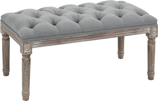 Produktbild Swisshandel24 Polsterbank Grau Sitzbank Vintage Bettbank mit Knöpfen Gummiholz Leinen 142 x 47 x 51 cm (81 cm)