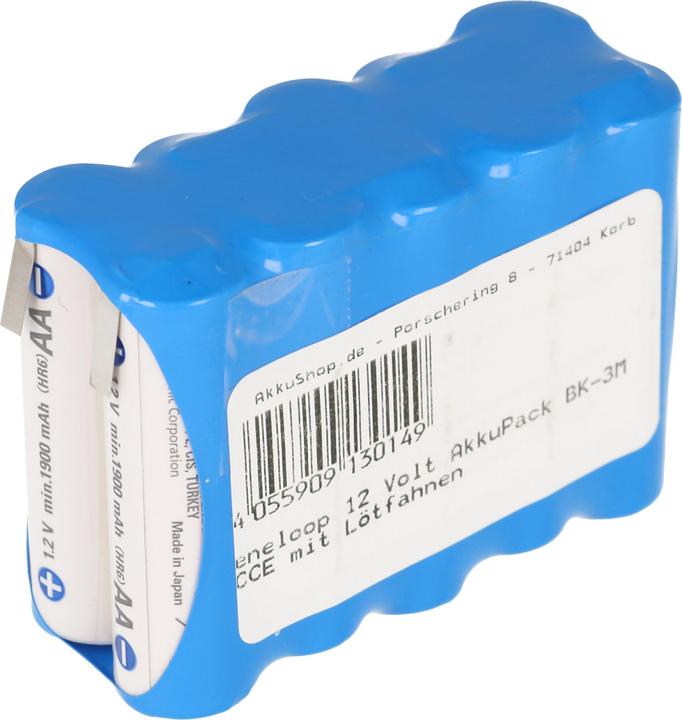 Actual product image Sanyo Eneloop 12 Volt Akku BK-3MCCE mit Lötfahnen (1 pcs., 2000 mAh, Battery + charger)