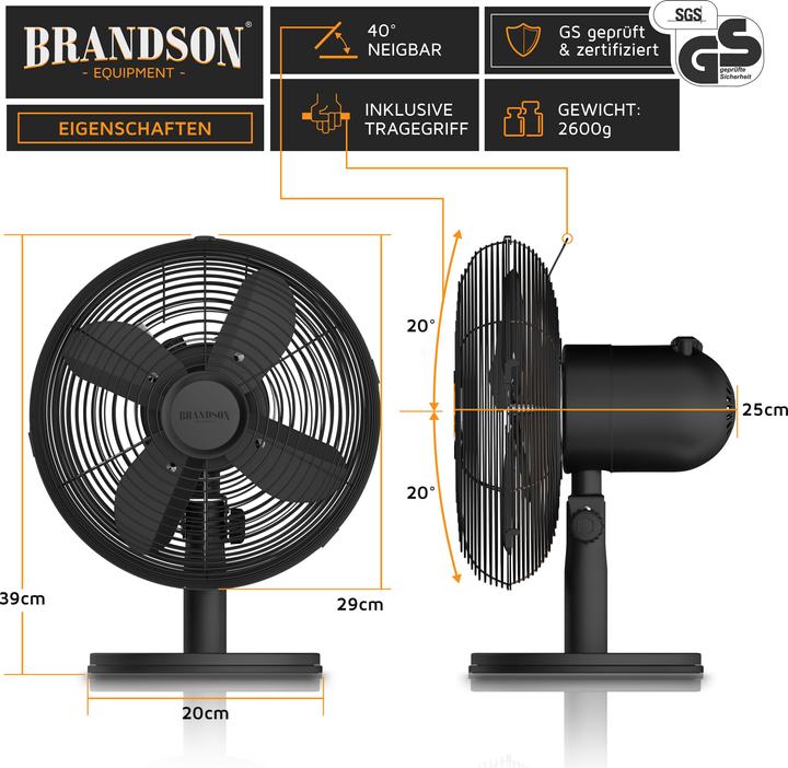 Produktbild Brandson Tischventilator, Retro Design, Oszillation, Neigungswinkel ca. 40°, Metallgehäuse, 30W, schwarz (50 dB)