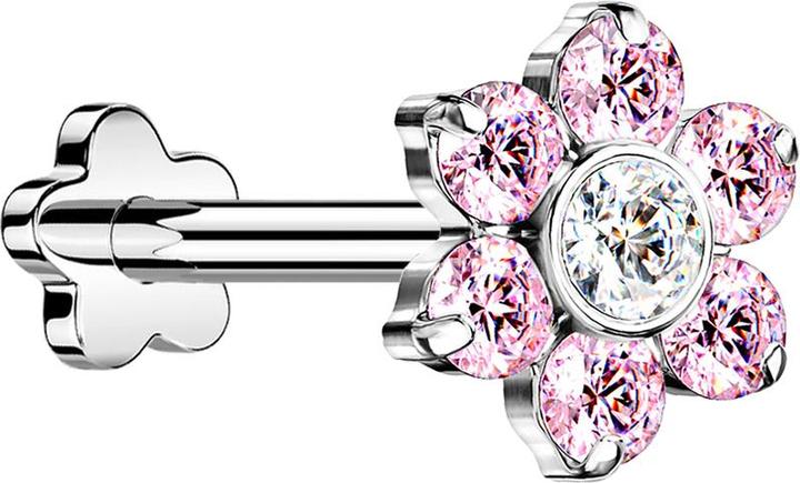 Star Piercing Micro Threadless Labret Blume silber Blume Kristalle pink (Titan G23, ohne Messing)