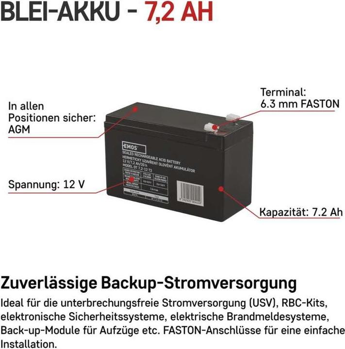 Immagine prodotto Emos ACCUMULATORE SLA 7,2Ah FA6.3 (1 pz., Specifico del dispositivo, 7200 mAh)