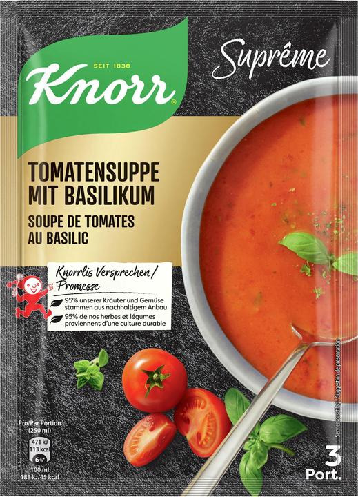 Produktbild Knorr Suprême Tomatensuppe mit Basilikum, Beutel Suppe mit sonnengereiften Tomaten, schnell zubereitet