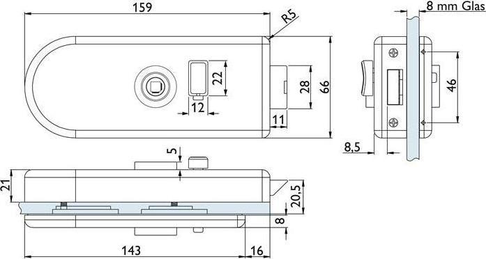 Produktbild Hermat Glastürschloss Venezia 6016F Aluminium Edelstahl matt (60) WC Drückerposition hinten DIN links /... (Profilzylinder)