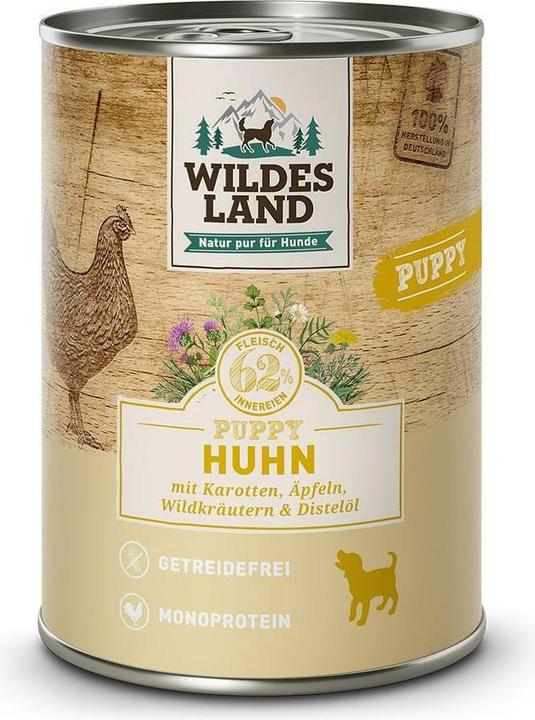Produktbild Wildes Land Nassfutter Dog Puppy Huhn mit Karotte & Apfel, 400 g (Welpe + Kitten, 6 Stk., 466 g)