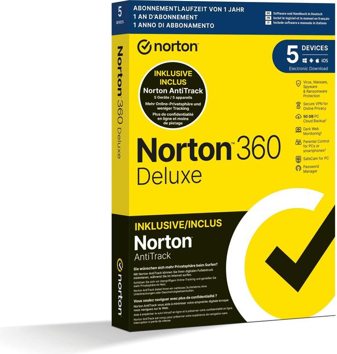 Actual product image Norton 360 Deluxe + AntiTrack Bundle Box, 5 Dev., 1yr, 50GB Cloud (5 User, 12 months)