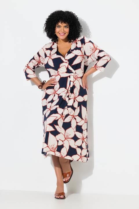 Produktbild Ulla Popken Midikleid, Blüten, Wickeloptik, V-Ausschnitt, 3/4-Arm (62)