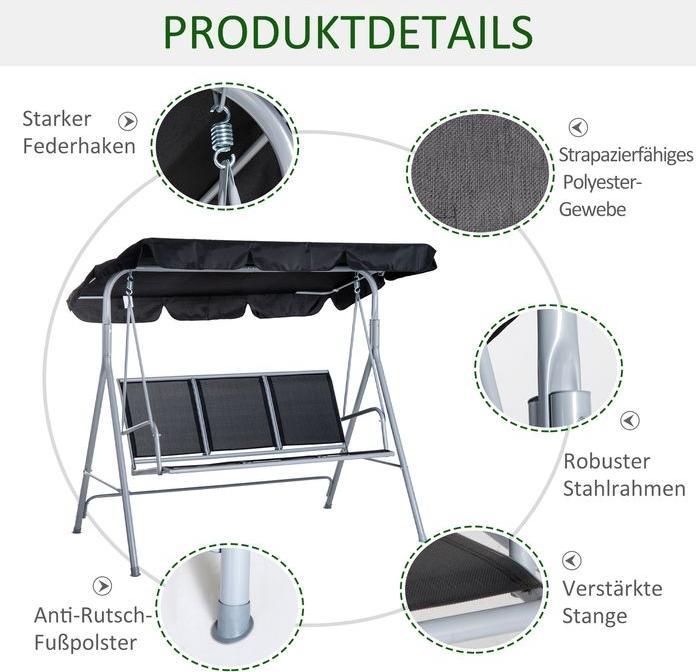 Produktbild Swisshandel24 Hollywoodschaukel 3-Sitzer Gartenschaukel Schaukelbank mit Dach Metall Schwarz+Silber 171 x 108 x 15