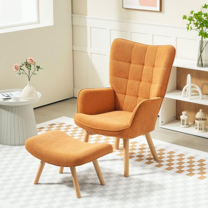 Produktbild Swisshandel24 Sessel mit Hocker, Ohrensessel mit Hoher Rückenlehne, Holzbeine, Cord, Braun