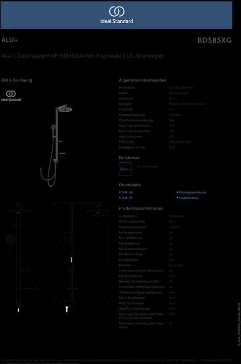 Actual product image Ideal Standard Shower system Alu+ without tap, 2 shelves, 2F hand shower, 2F overhead shower