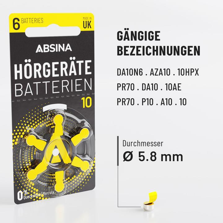 Image du produit Absina PR70 Pile pour appareil auditif ZA 10 zinc-air 1.4 V 6 pcs. (6 pcs, 10)