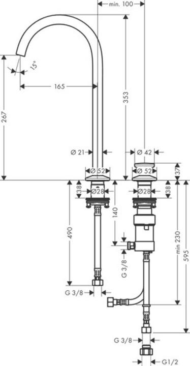Produktbild Axor One 2-Loch Waschtischarmatur Select 260 mit Push-Open Ablaufgarnitur, Ausladung 165 m