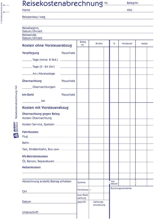 Nährwerte und Zutaten Avery Reisekostenabrechnung (50 x)