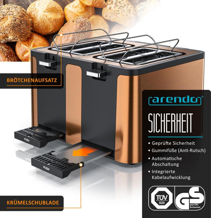 Produktbild Arendo Toaster 4 Scheiben Kurzschlitz, Automatik, Wärmeisolierendes Doppelwandgehäuse, Edelstahl, 1750 W (EU-Stecker)