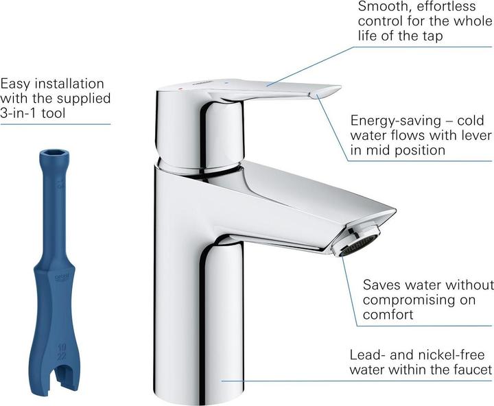 Produktbild Grohe Start QuickFix Lavaboarmatur, Mittelstellung kalt, Push-Open Ablauf, S-Size, Chrom
