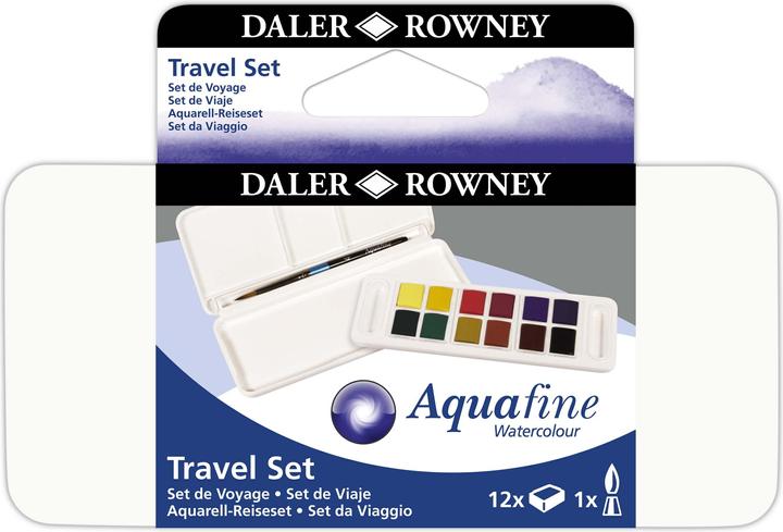 Immagine prodotto Daler-Rowney Set da viaggio per acquerelli Aquafine (Licher ocra, Blu oltremare, Hooker's Green Dark, Bianco cinese, Blu cobalto, alizarina cremisi, Giallo limone, Rosso cadmio, pennello piccolo per acquerello, Siena Natura, Il grigio di Payne, Articoli in gomma, Siena bruciato)