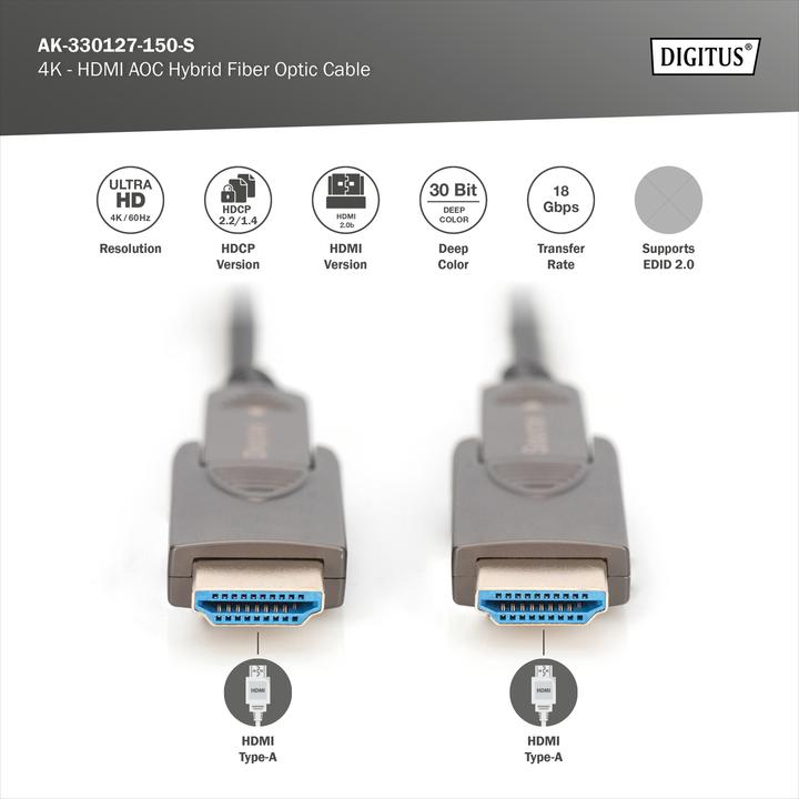 Image du produit Digitus 4K - Câble hybride HDMI® AOC en fibre optique avec connecteur détachable (15 m, HDMI)