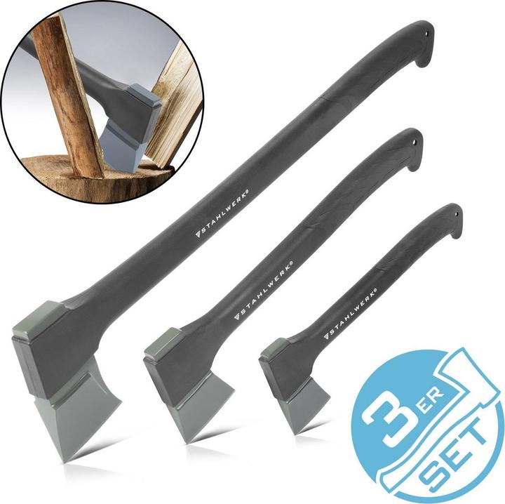 Produktbild Stahlwerk Axt 3er Set 355/ 445/ 775 mm Beil aus Carbon-Stahl mit Fiberglas-Griff