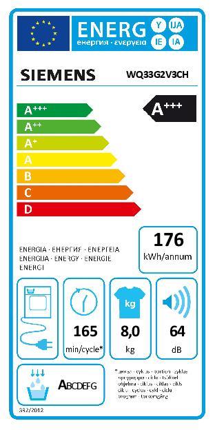 Energie-Label Siemens WQ33G2V3CH 8kg Wärmepumpentrockner A+++ (8 kg, Rechts, CH-Stecker)