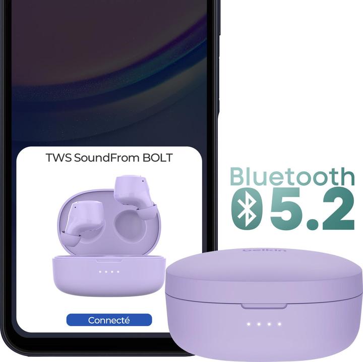 Actual product image Belkin wireless soundform bolt tws light purple (No noise cancelling, 38 h, Wireless)