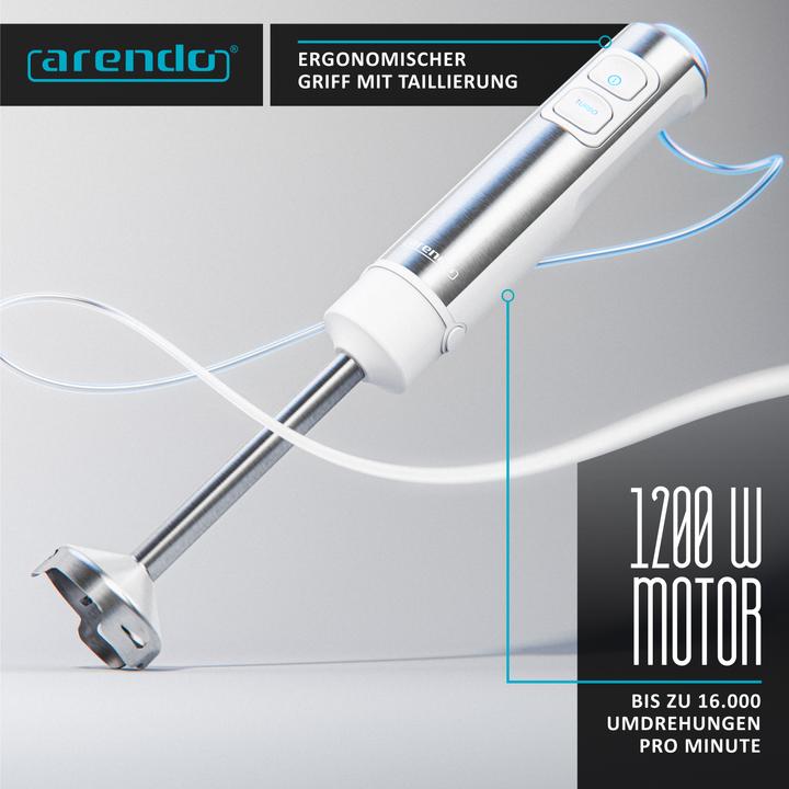 Produktbild Arendo Stabmixer 1200W weiß, Edelstahlmixer-Set inkl. Messbecher, Zerkleinerer, Schneebesen, Gleichstrommot